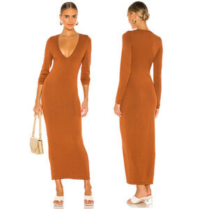L'Academie Deena Long Sleeve V-Neck Bodycon Maxi Dress Brown Women's Size XS
